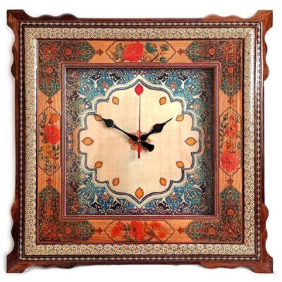 Horloge murale en bois persane artisanale – Art du marqueterie Khatam, Vania