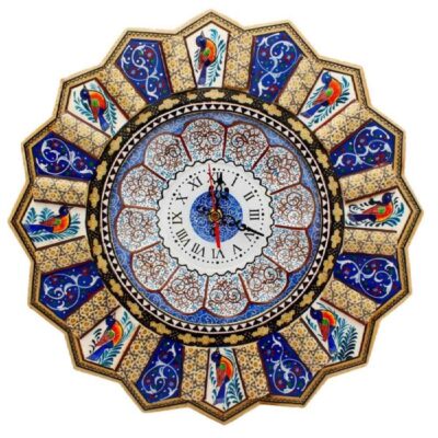 Horloge murale en bois persane artisanale – Art du marqueterie Khatam, Zarrin