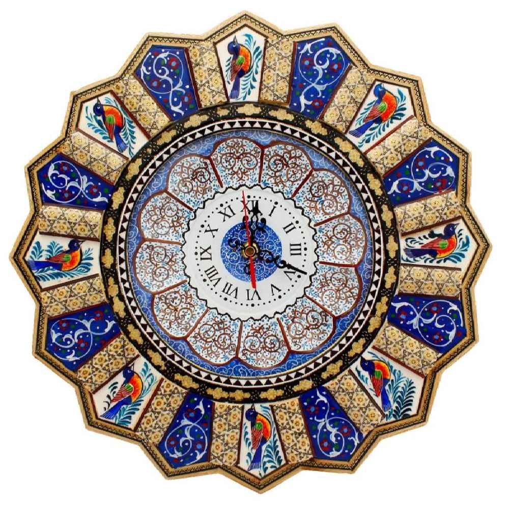 Horloge murale en bois persane artisanale - Art du marqueterie Khatam, Zarrin