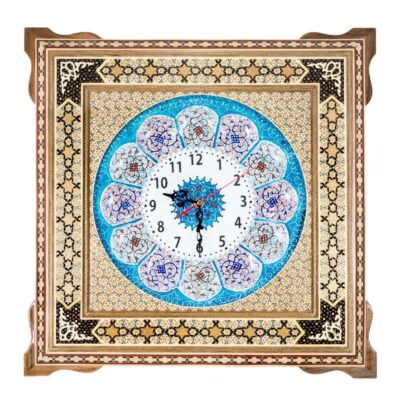 Horloge murale en bois persane artisanale – Art du marqueterie Khatam, Zina