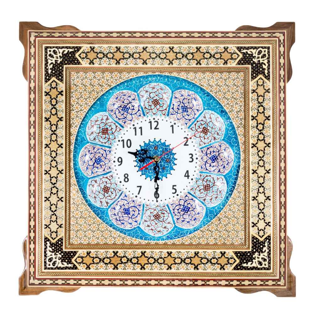 Horloge murale en bois persane artisanale - Art du marqueterie Khatam, Zina