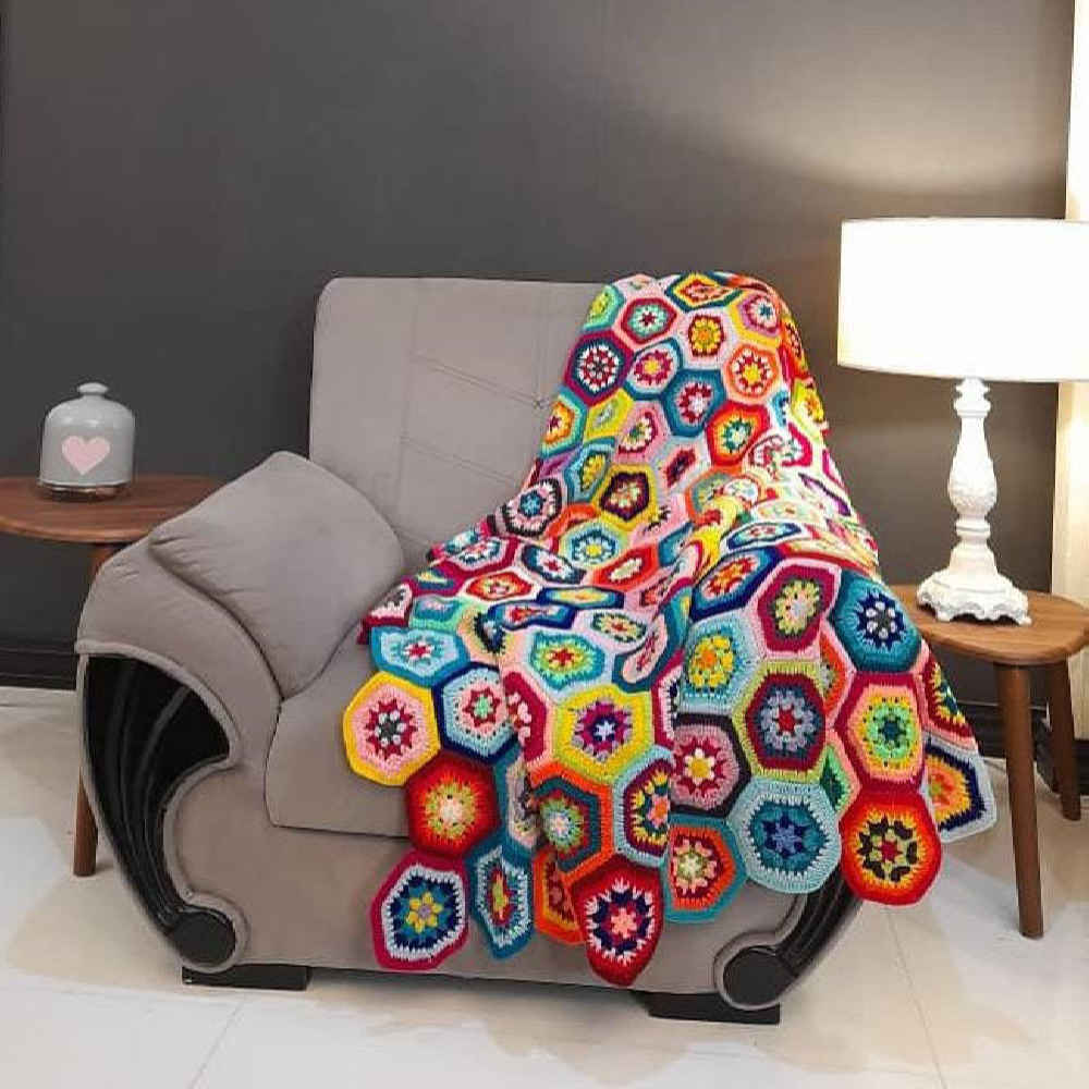 Plaid au Crochet pour Canapé et Lit Motif Bohème à Carreaux Dorna