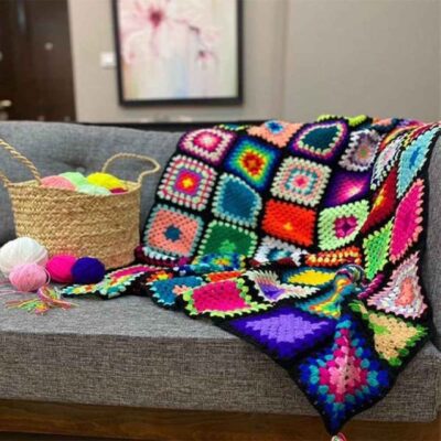 Plaid au Crochet pour Canapé et Lit Motif Bohème à Carreaux Homa