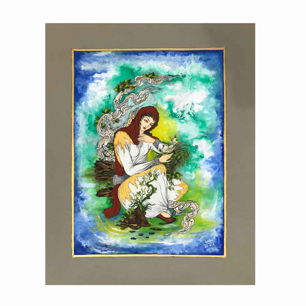 Peinture d'art miniature persan originale : Aquarelle – Femmes par Rasoul Motamedi