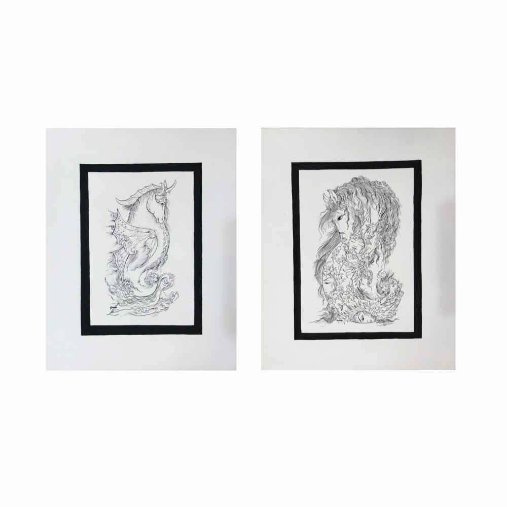 Ensemble de 2 peintures d'art miniature persan originales : Aquarelle – Cheval