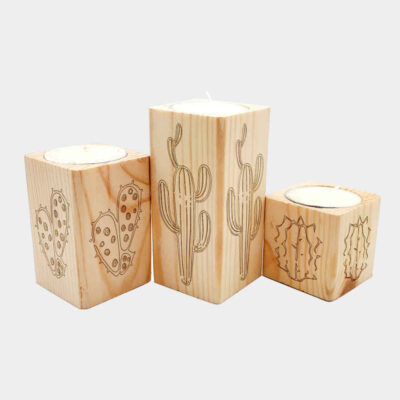 Porte-bougie cube en bois solide ensemble de 3 / Cactus