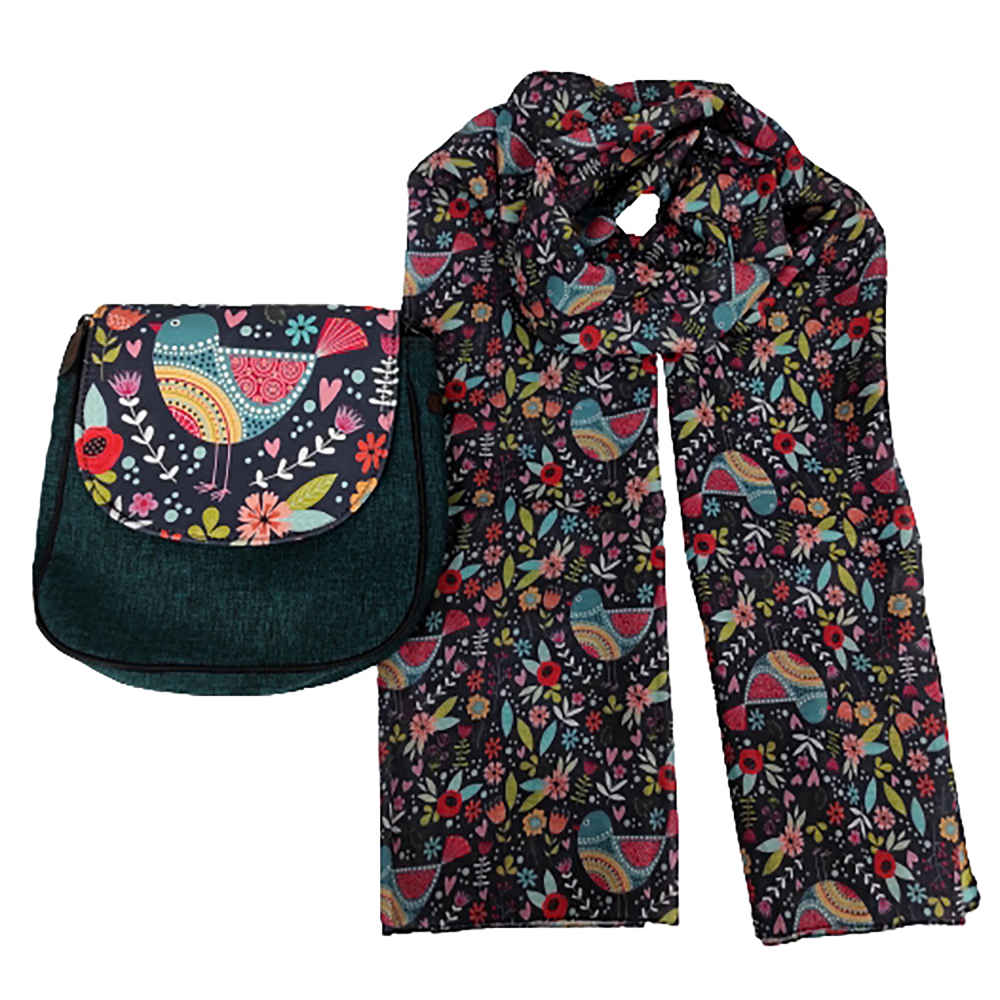Ensemble sac bandoulière boho et écharpe avec motif oiseau