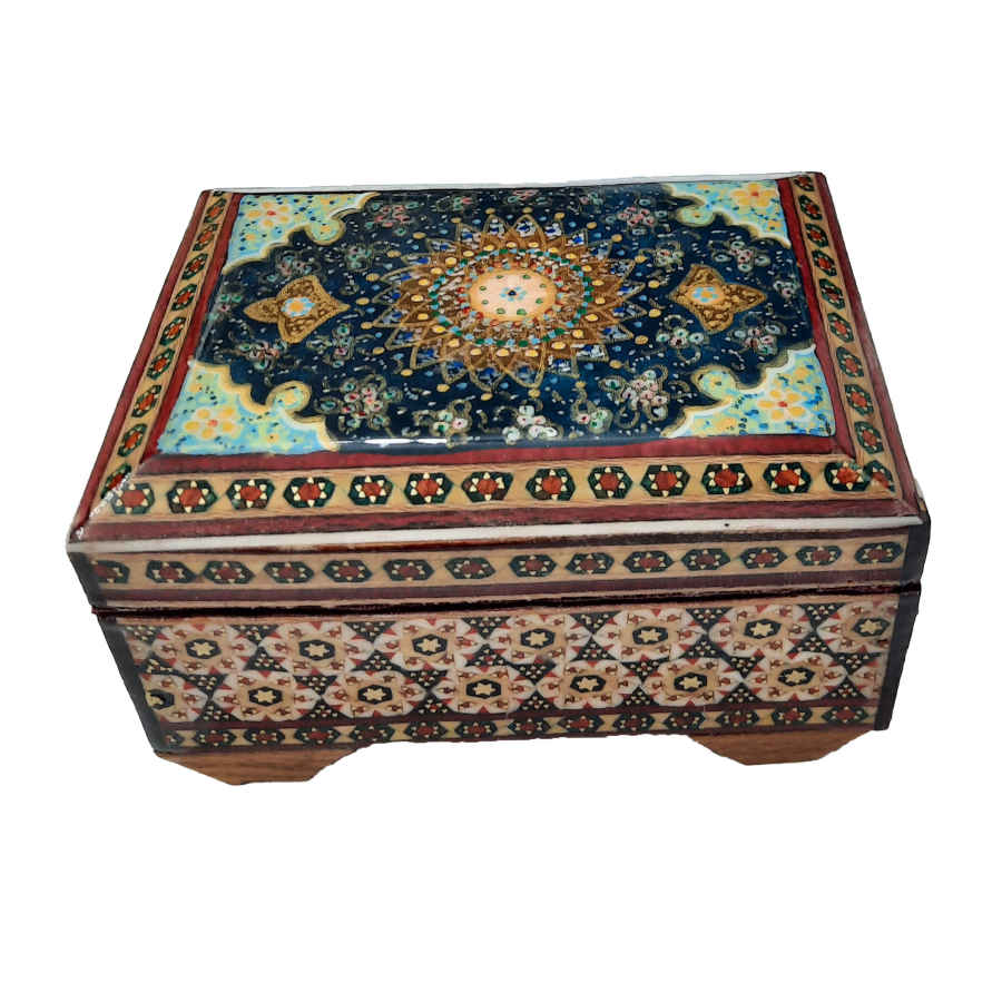Boîte à bijoux en bois artisanale avec design persan Khatam - Javaher