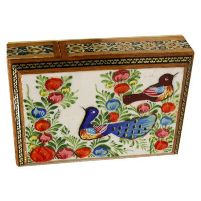Boîte à cartes en bois persane – Oiseaux émaillés Khatam