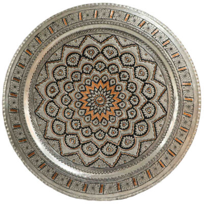Plateau en cuivre décoratif gravé à la main avec art artisanal persan Khorshidi