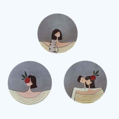 Ensemble de 3 Assiettes Décoratives en Céramique Peintes à la Main Portrait d’Amour