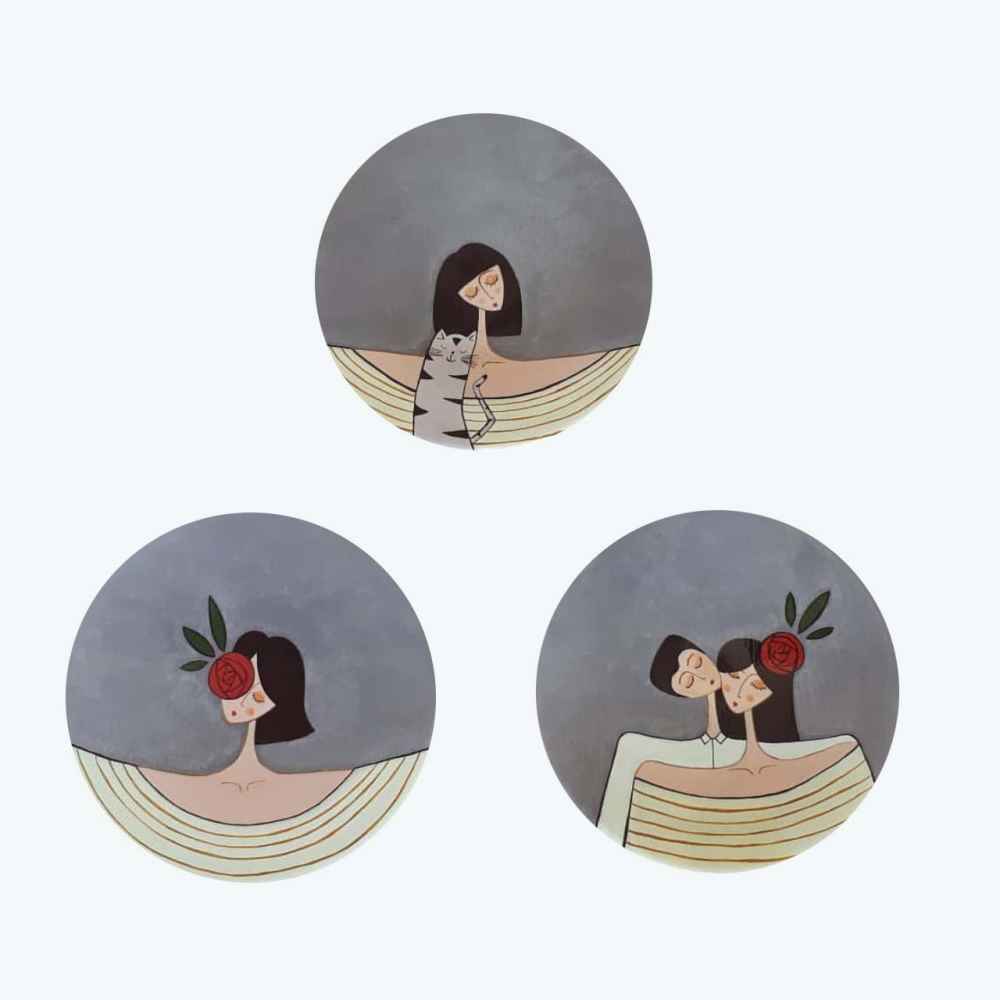 Ensemble de 3 Assiettes Décoratives en Céramique Peintes à la Main Portrait d'Amour