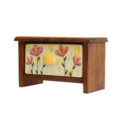 Commode en bois avec 1 tiroir en céramique fabriquée à la main – Fleurs