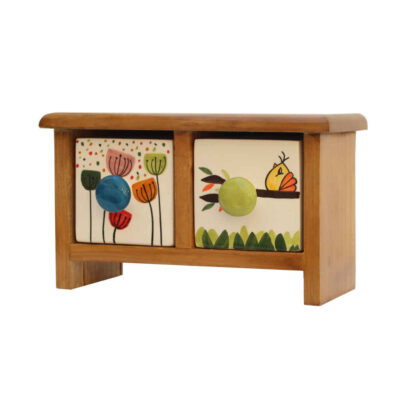 Commode en bois avec 2 tiroirs en céramique fabriquée à la main