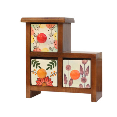 Commode en bois avec 3 tiroirs en céramique fabriquée à la main