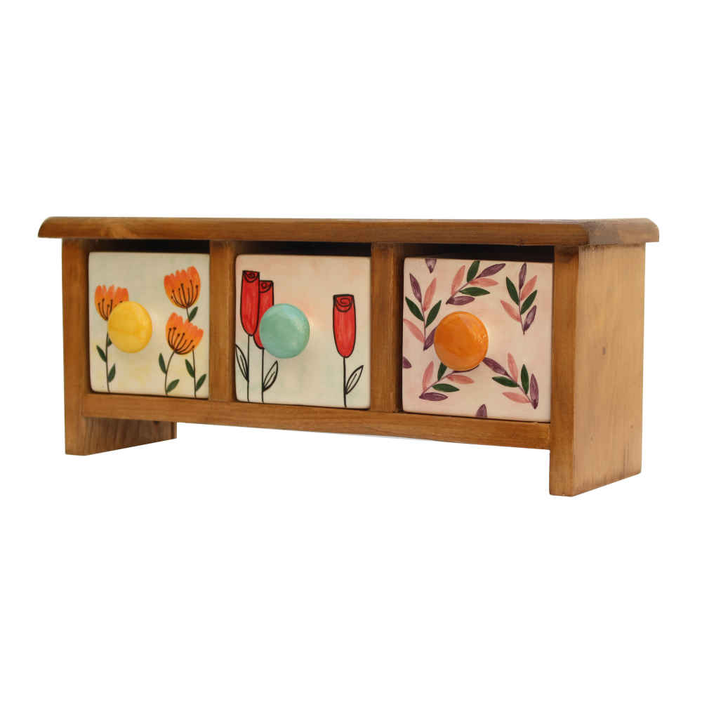Commode en bois avec 3 tiroirs en céramique fabriquée à la main