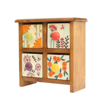 Commode en bois avec 4 tiroirs en céramique fabriquée à la main
