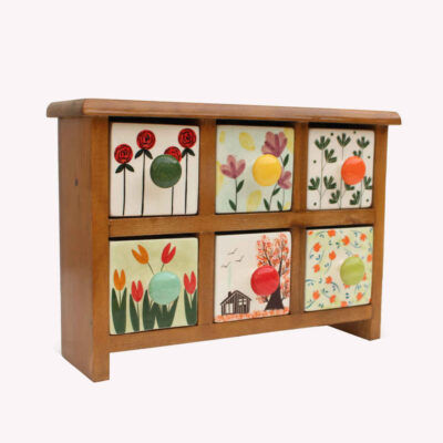 Commode en bois avec 6 tiroirs en céramique fabriquée à la main