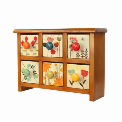 Commode en bois avec 6 tiroirs en céramique fabriquée à la main