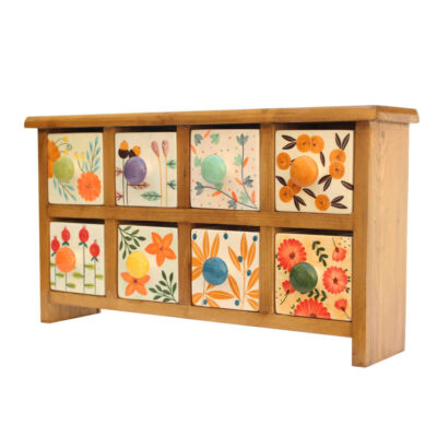 Commode en bois avec 8 tiroirs en céramique fabriquée à la main