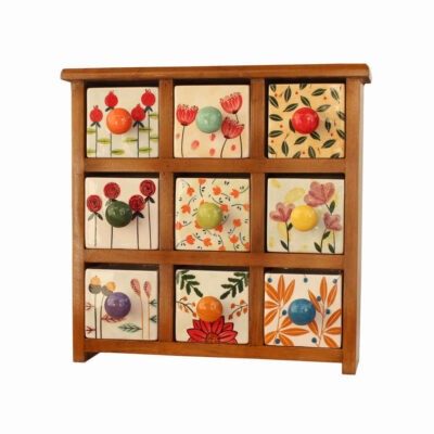 Commode en bois avec 9 tiroirs en céramique fabriquée à la main – Floral