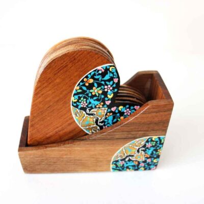 Ensemble de Dessous de Verre et Support avec Motif Artistique d’Inspiration Persane Forme de Cœur