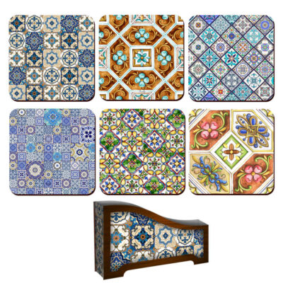 Ensemble de Dessous de Verre et Support avec Motif Artistique d’Inspiration Persane Rahil