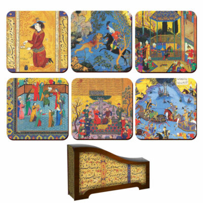 Ensemble de Dessous de Verre et Support avec Motif Artistique d’Inspiration Persane Shahnameh