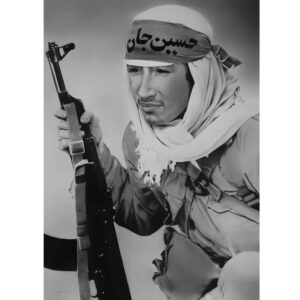 Dessin original au stylo noir – Soldat musulman avec bandeau « Ya Hussein »