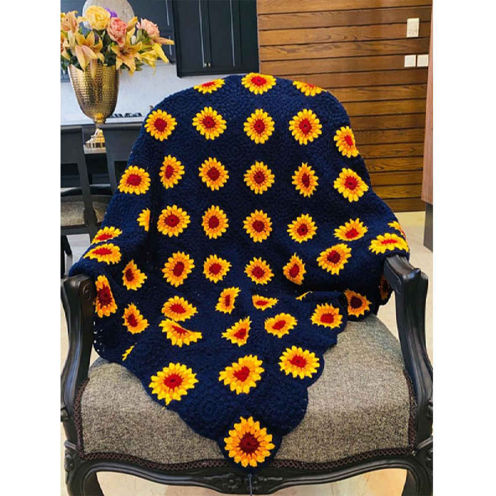 Plaid au Crochet pour Canapé et Lit Motif Bohème à Carreaux Fleur