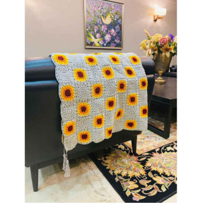 Plaid au Crochet pour Canapé et Lit Motif Bohème à Carreaux Tournesol