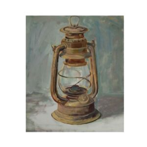 Peinture d’art réaliste originale : Huile sur carton, lumière de lanterne