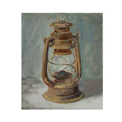 Peinture d’art réaliste originale : Huile sur carton, lumière de lanterne