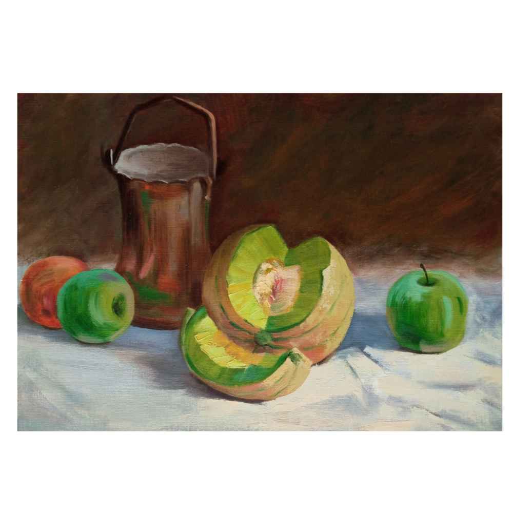 Peinture d'art réaliste originale : Huile sur carton, fruits