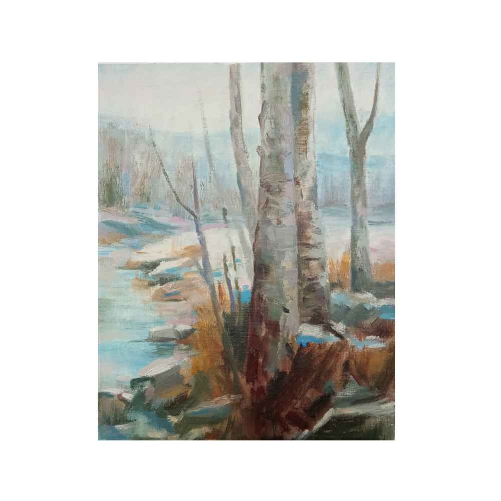 Peinture artistique originale : Huile sur carton, paysage d'hiver