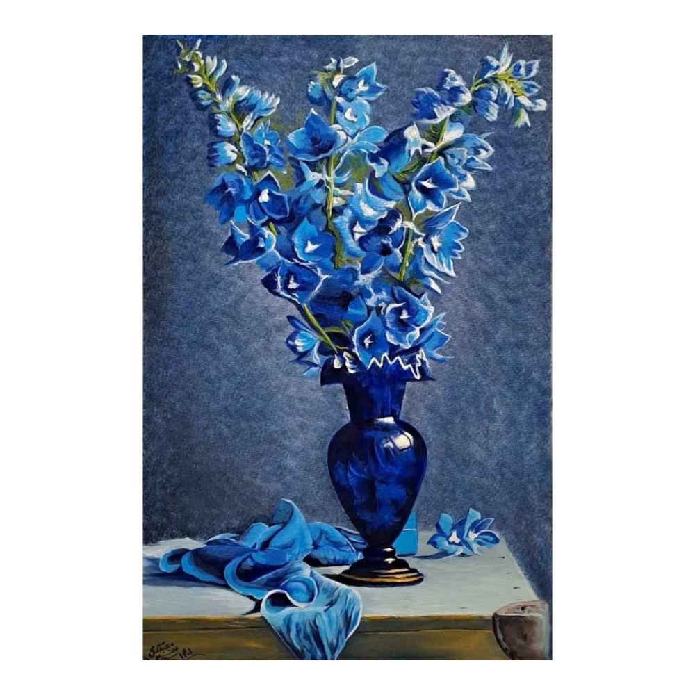 Peinture réaliste originale : Huile sur toile, fleur bleue par Ahmad Motaghedi