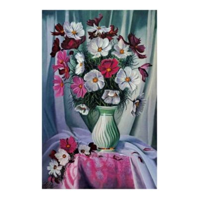 Peinture réaliste originale : Huile sur toile, fleurs en vase par Ahmad Motaghedi