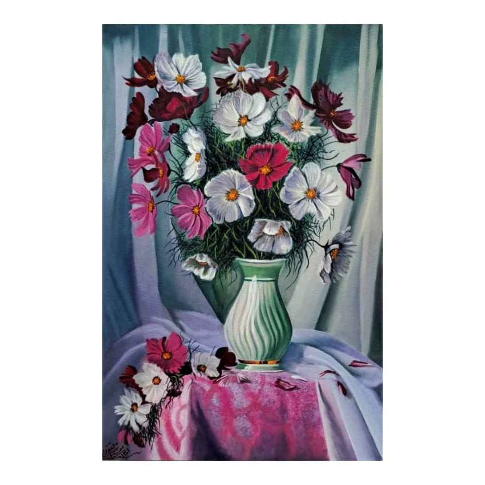 Peinture réaliste originale : Huile sur toile, fleurs en vase par Ahmad Motaghedi
