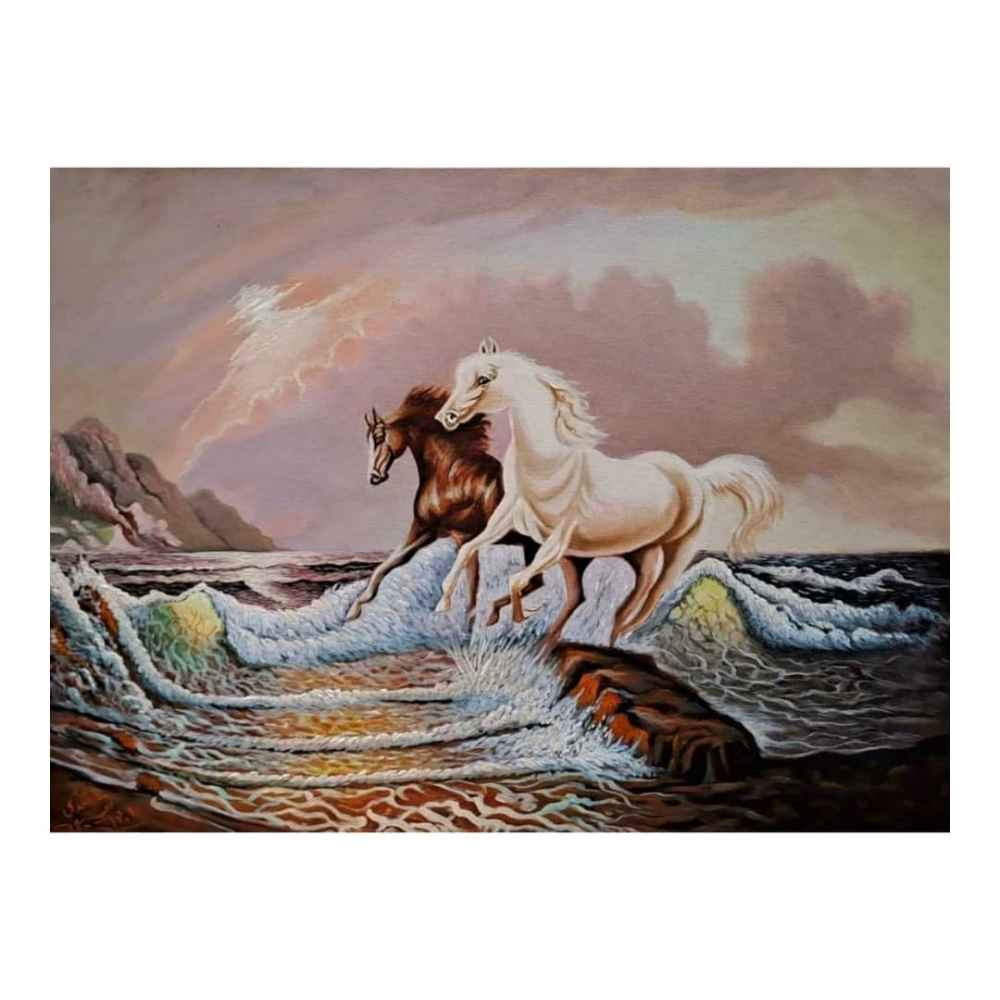 Peinture réaliste originale : Huile sur toile, chevaux par Ahmad Motaghedi