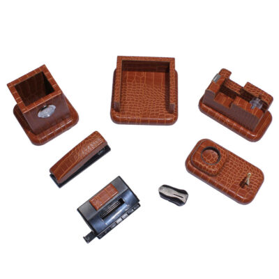 Ensemble organiseur de bureau en cuir marron – 7 pièces