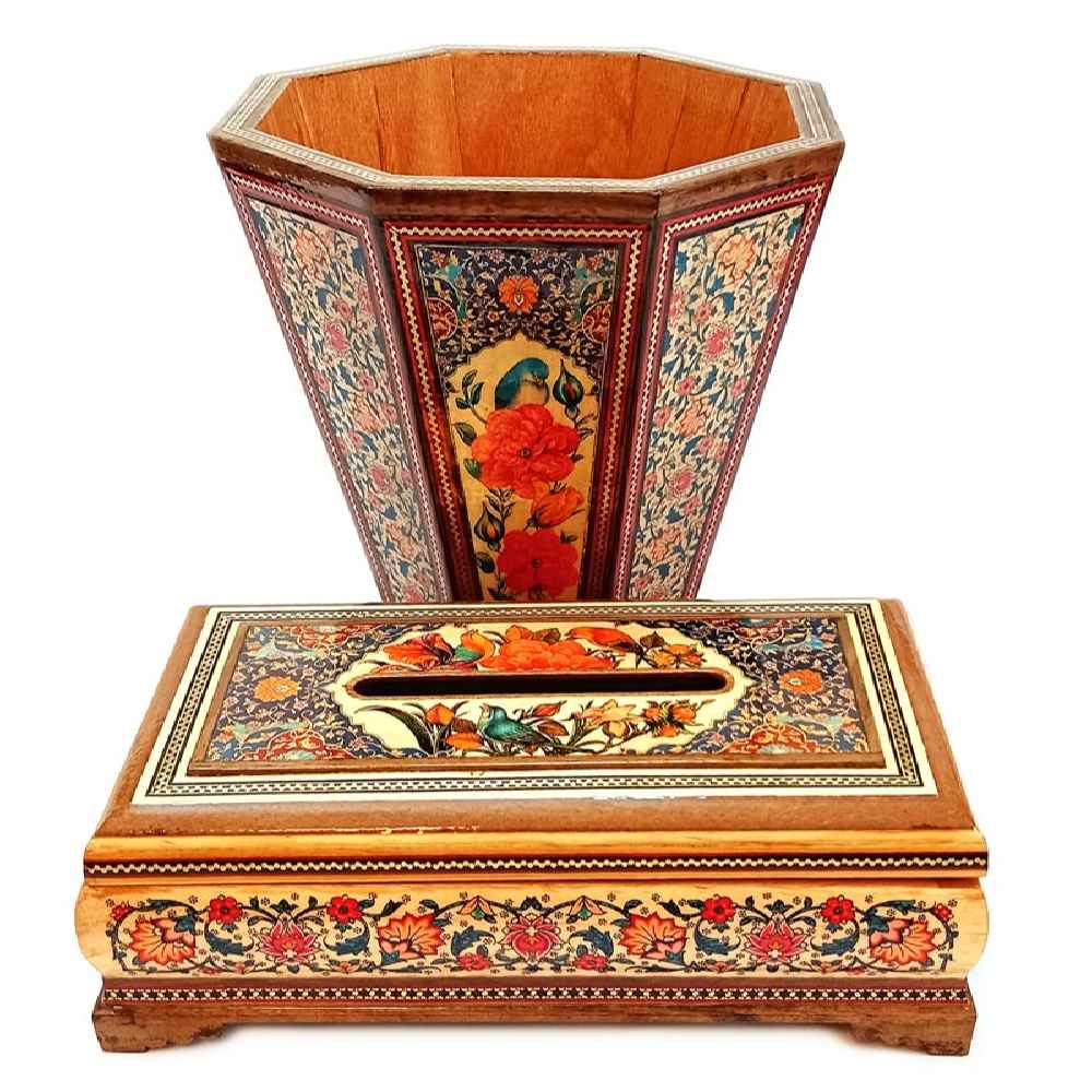 Ensemble corbeille et boîte à mouchoirs – Khatamkari Tazhib