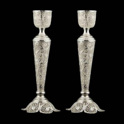 Bougeoir en filigrane persan en cuivre plaqué argent, rose (x2)