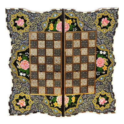 Plateau d’Échecs en Marqueterie Incrustée en Bois Persan Modèle Floral