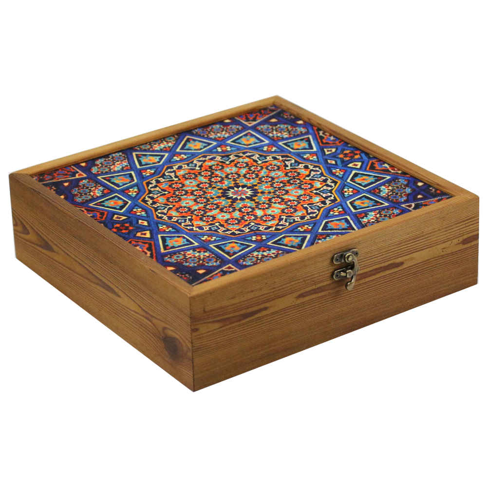 Boîte organisatrice en bois pour thé avec tiroirs et motif persan Samin
