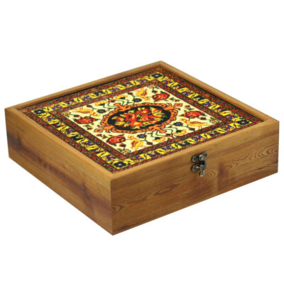 Boîte organisatrice en bois pour thé avec tiroirs et motif persan Elena