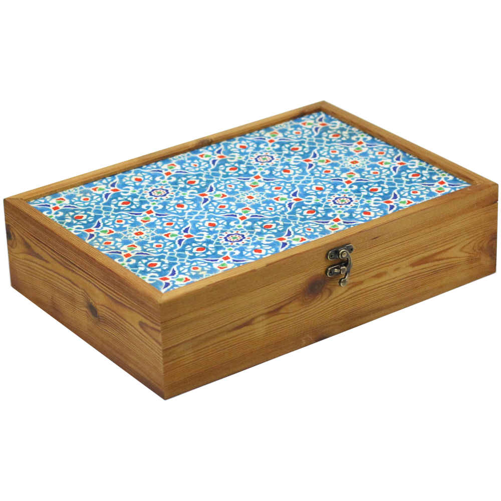 Boîte organisatrice en bois pour thé avec tiroirs et motif persan Bleu