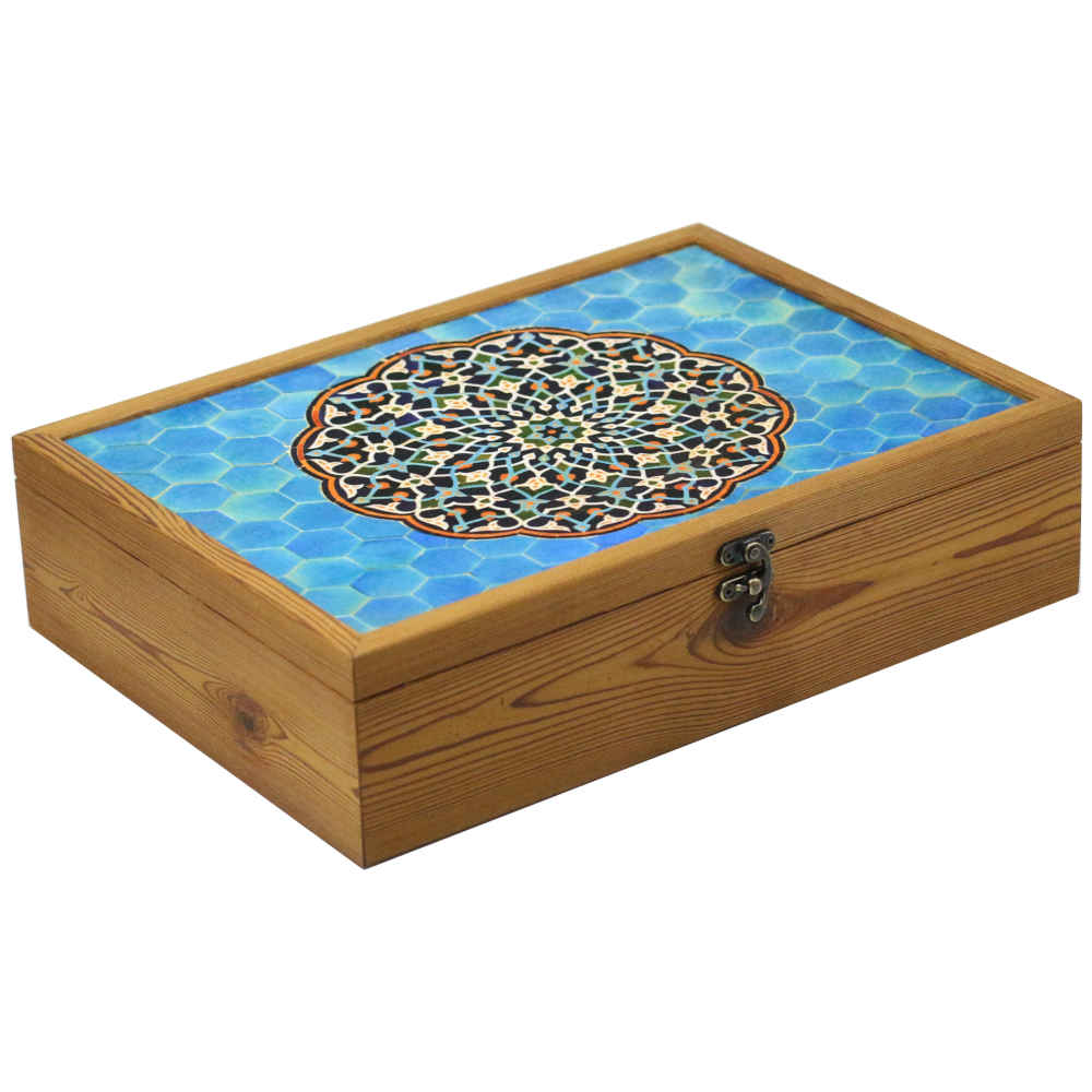 Boîte organisatrice en bois pour thé avec tiroirs et motif persan Carreau