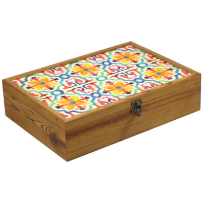 Boîte organisatrice en bois pour thé avec tiroirs et motif persan Fleurs