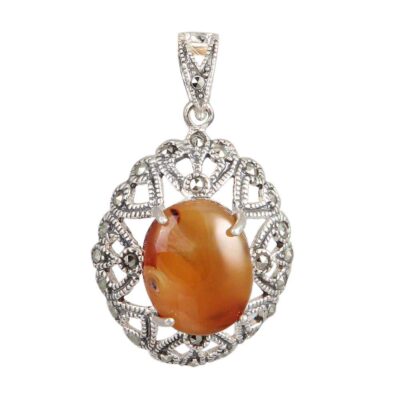 Pendentif en argent persan style classique avec pierre précieuse Aqeeq yéménite Cœur