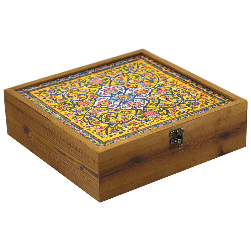 Boîte organisatrice en bois pour thé avec tiroirs et motif persan Nava